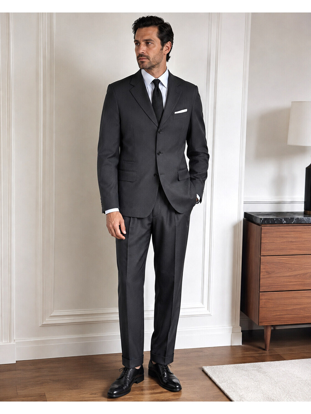Canali 56L 46L Men's Pure Wool Suit Made Italy Charcoal Micro Check 2 Piece